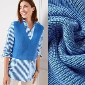 TALBOTS Cropped Shaker Stitch Preppy Layering Deep V Sweater Vest in Blue Sz. S